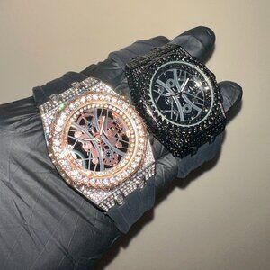 Rose Gold White Gold 43mm Skeleton Dial Rubber Band Iced-Out Luxury Watch